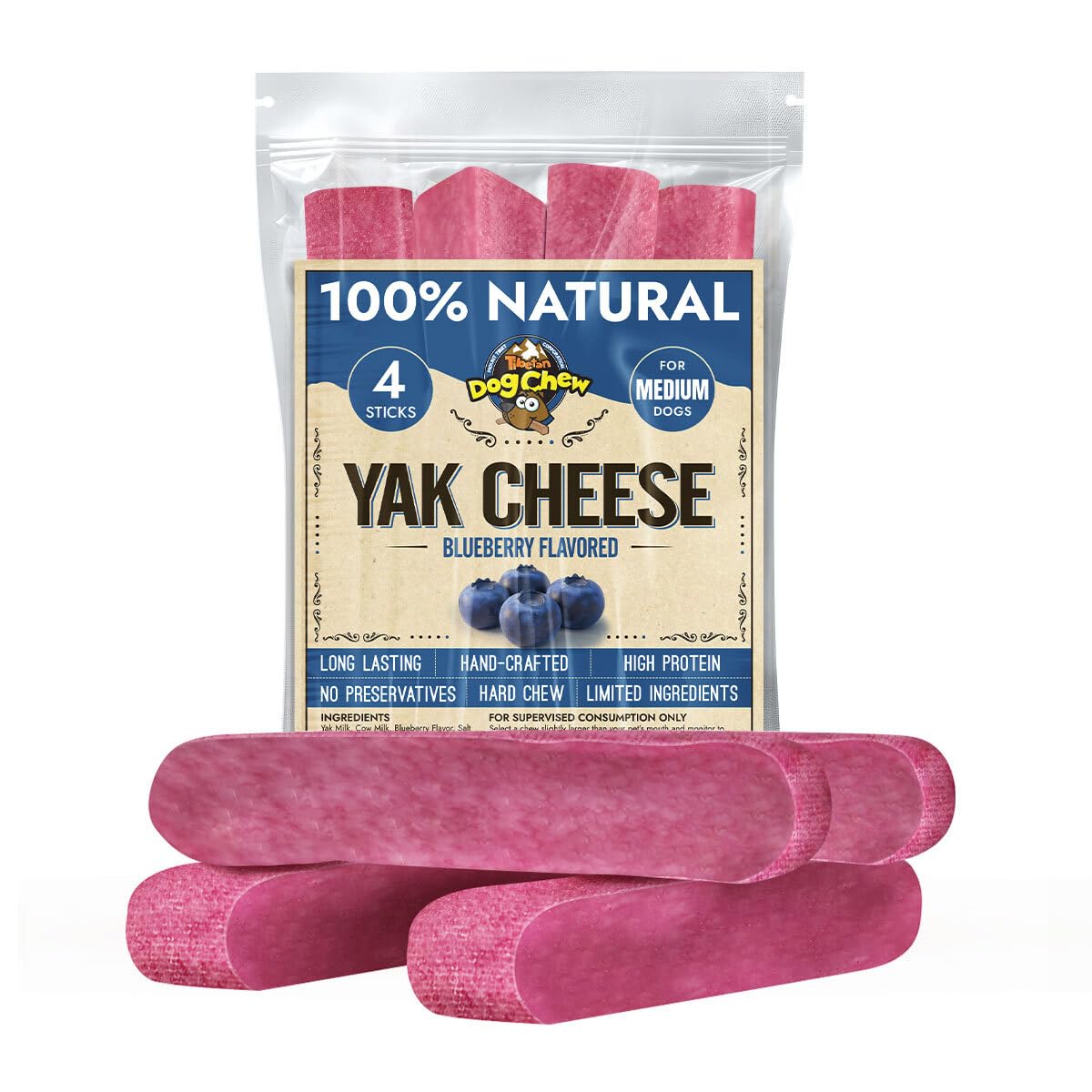 Tibetan Dog Chew packaging highlights natural, grain-free yak cheese treat for dogs.