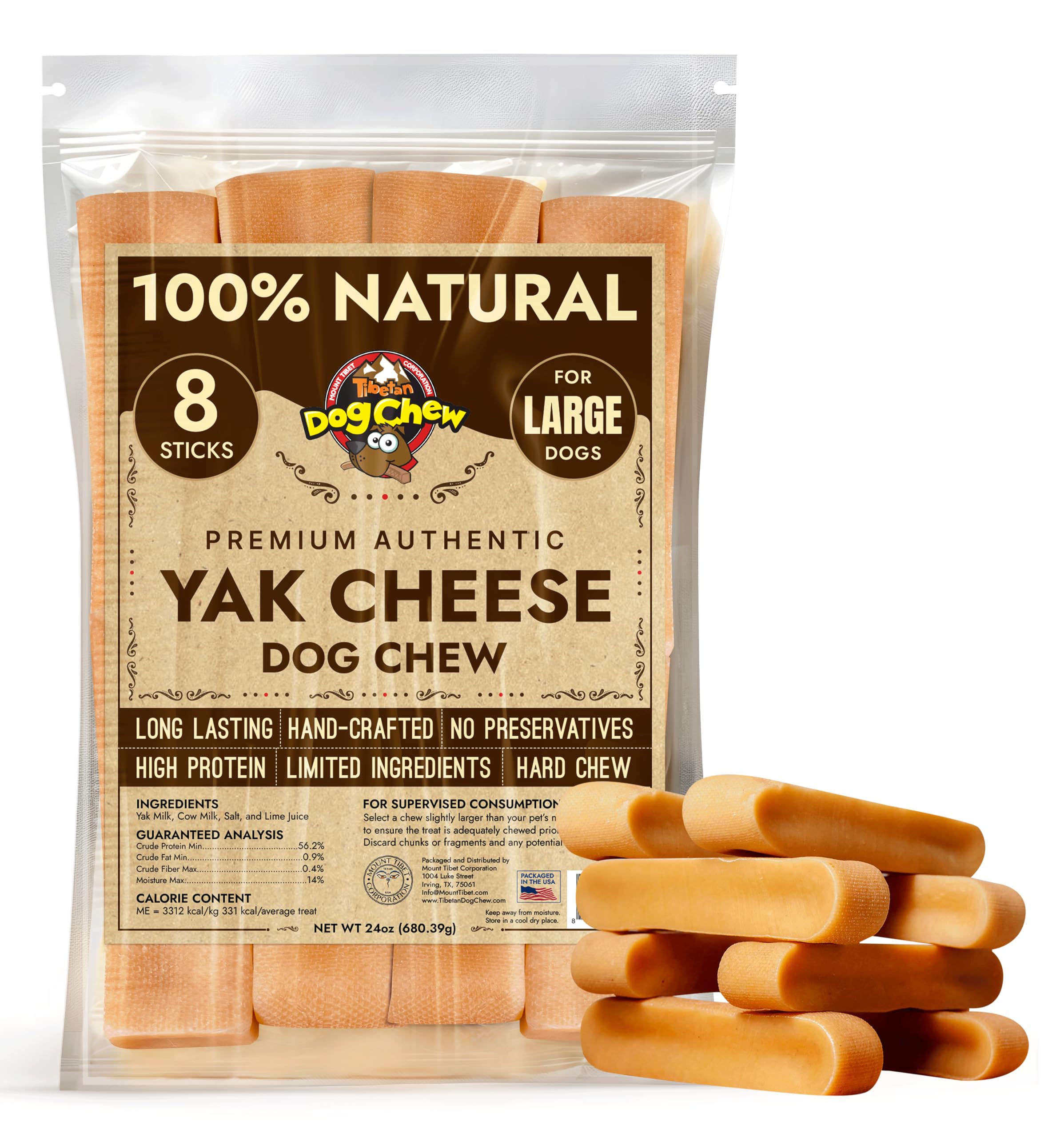Tibetan Dog Chew Yak Cheese Sticks packaging close-up showing natural ingredients and no additives
