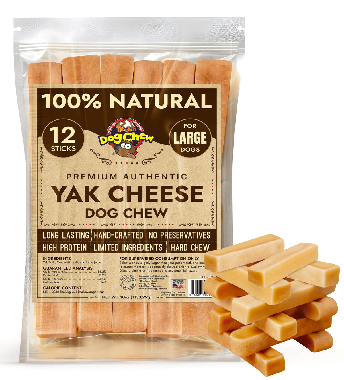 Tibetan Dog Chew Yak Cheese Sticks packaging shows a long-lasting, additive-free treat.