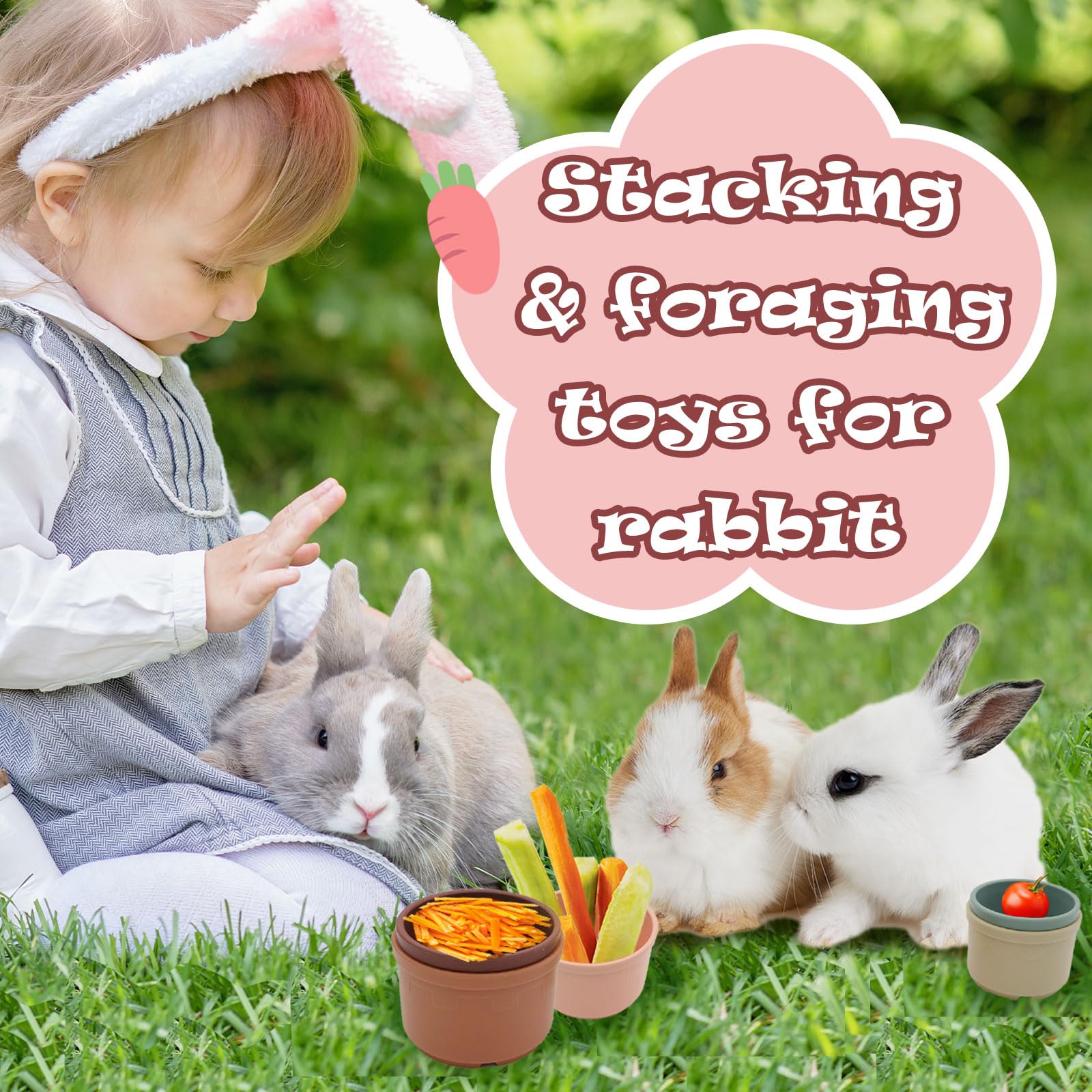 TiciKim cups in use with a rabbit, showcasing lightweight, toss-friendly play.