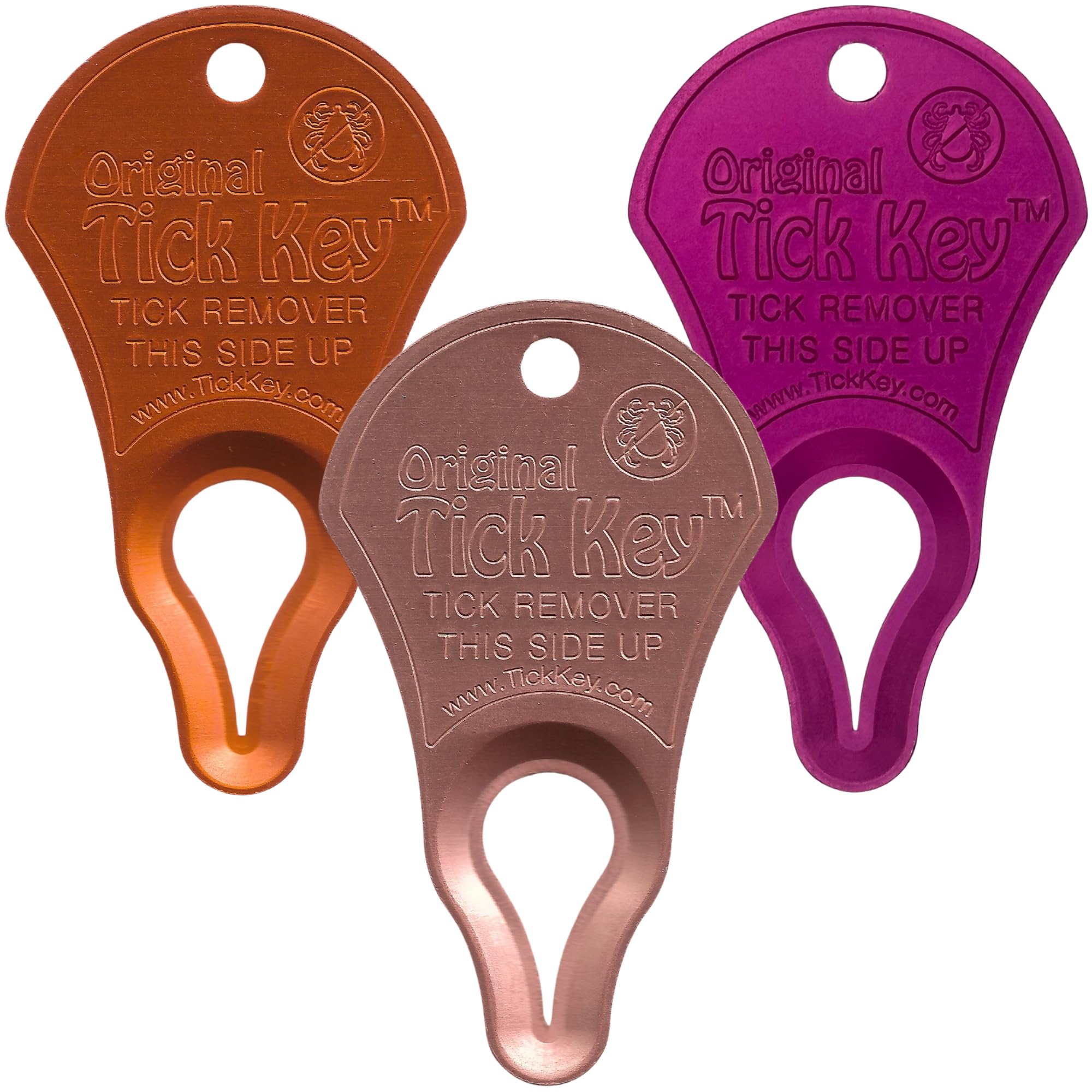 The Tick Key Original Pack Multi-Color on a keychain for quick tick removal on hikes.