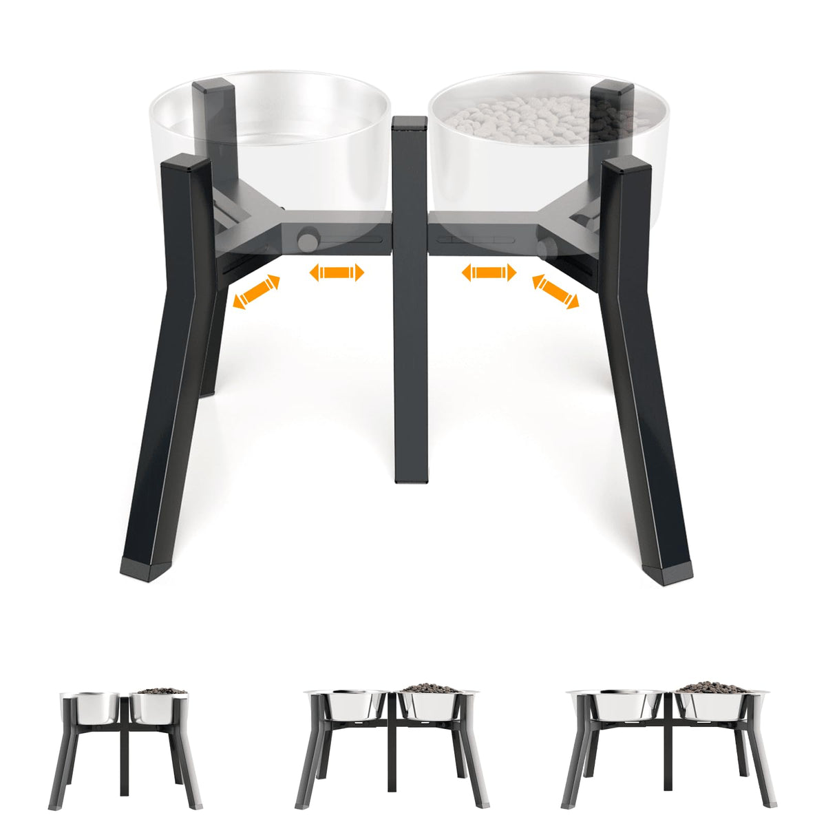 TIDANT elevated dog bowl stand shows adjustable width for diverse bowls, easier setup.