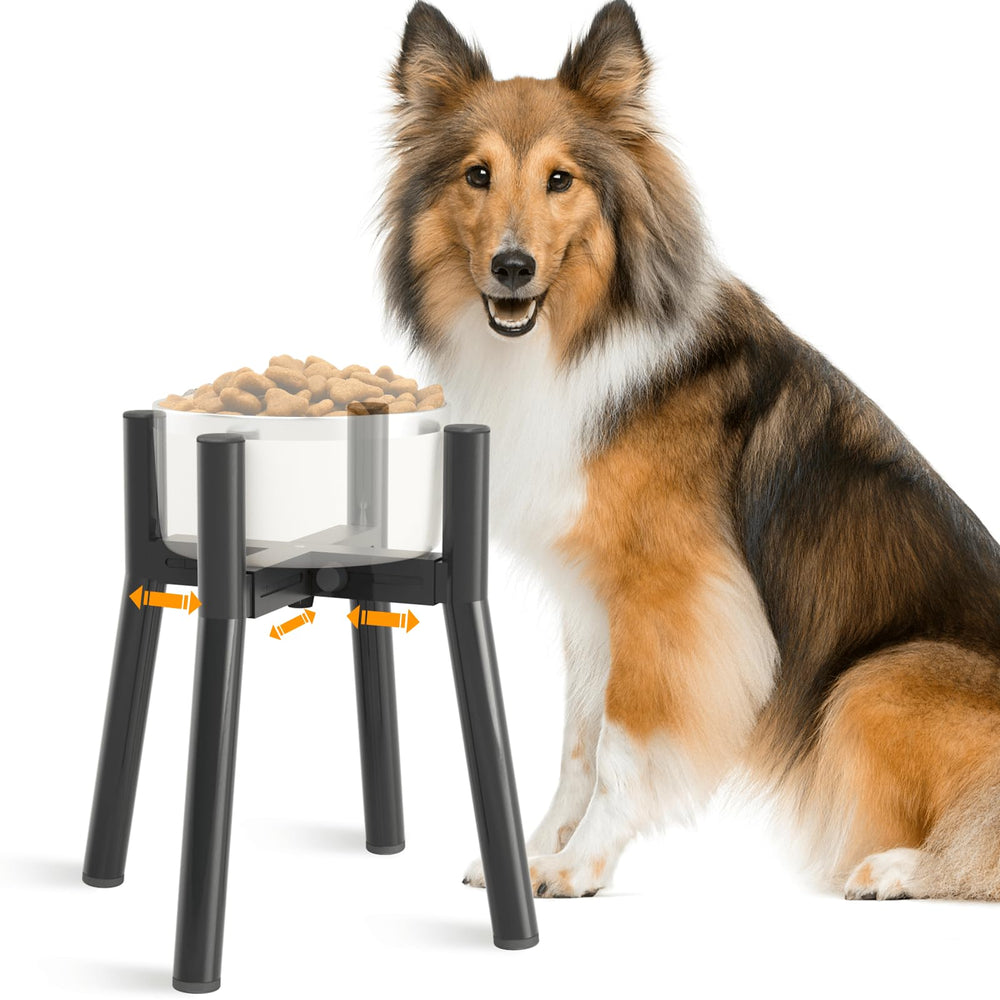 TIDANT elevated dog bowl stand side view shows adjustable width for comfortable meals.
