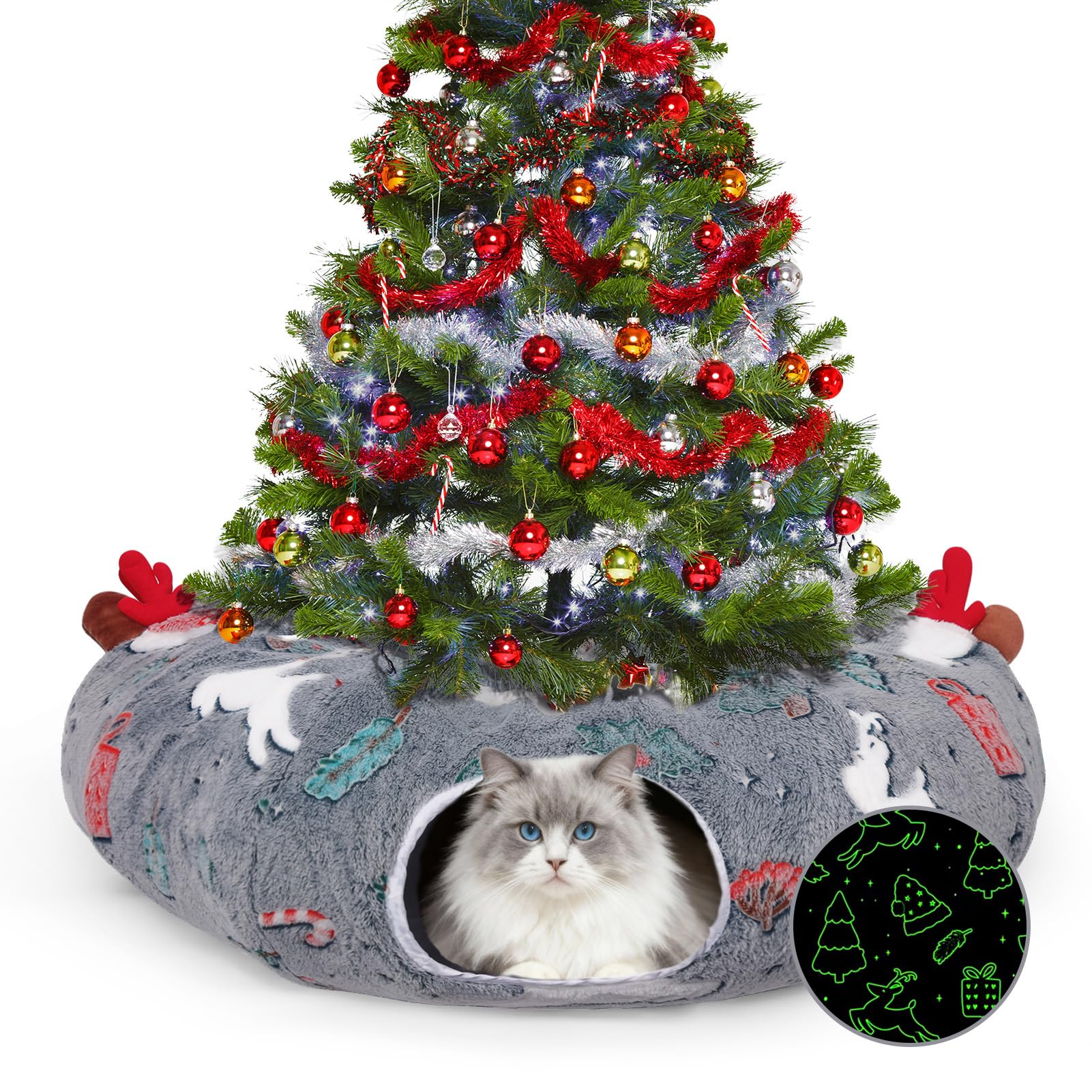 Tidjani cat-tunnel-christmas-tree-skirt protects the tree while inviting playful cats.