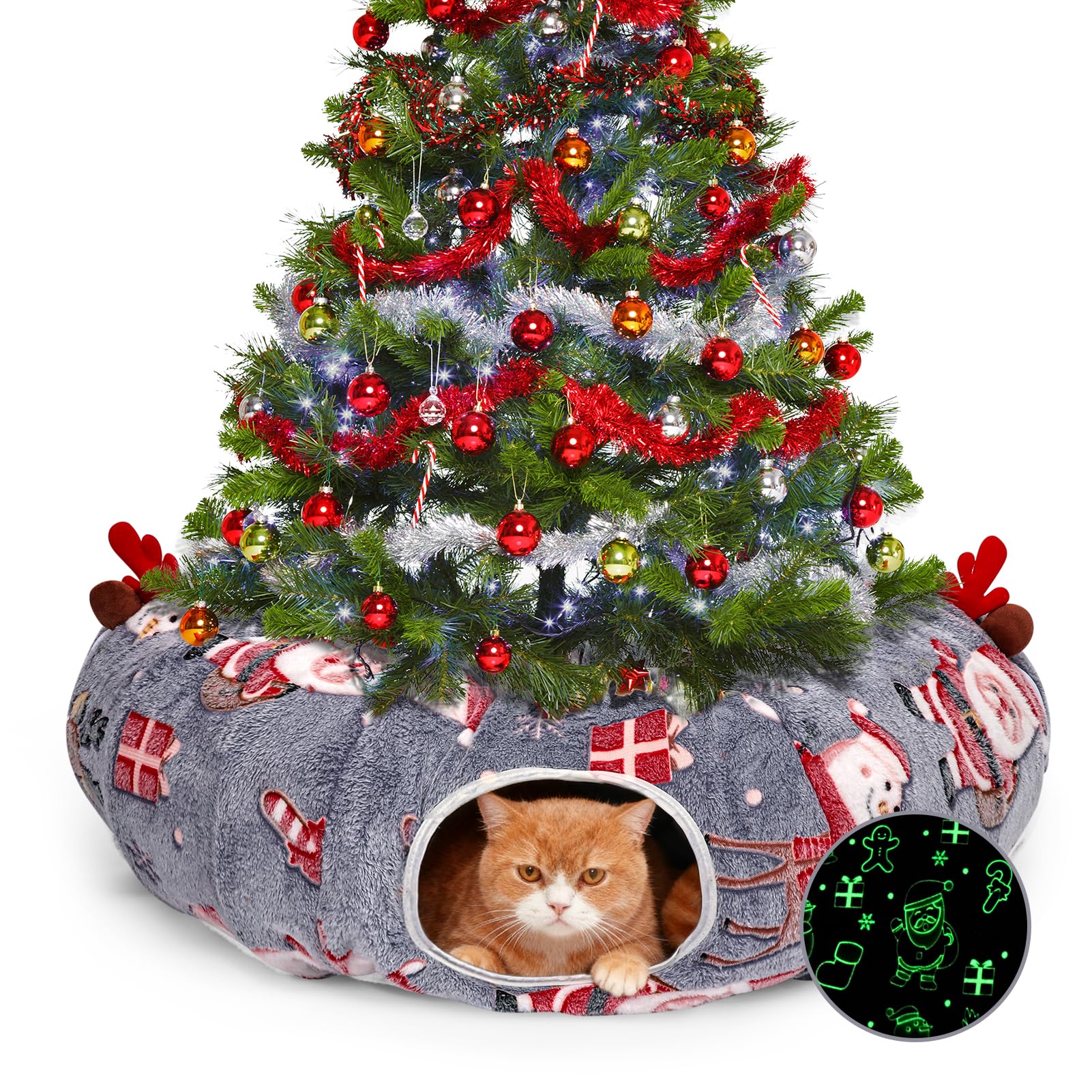 Tidjani cat tunnel Christmas tree skirt offers festive design and tree protection for inquisitive cats.