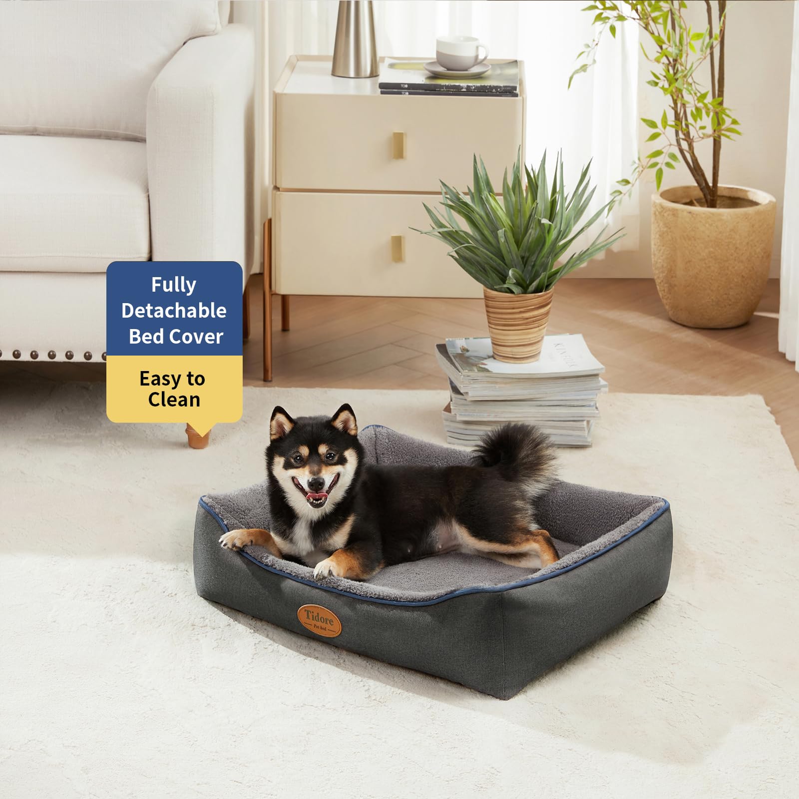 Tidore orthopedic bed with removable cover enables easy cleaning by machine wash.