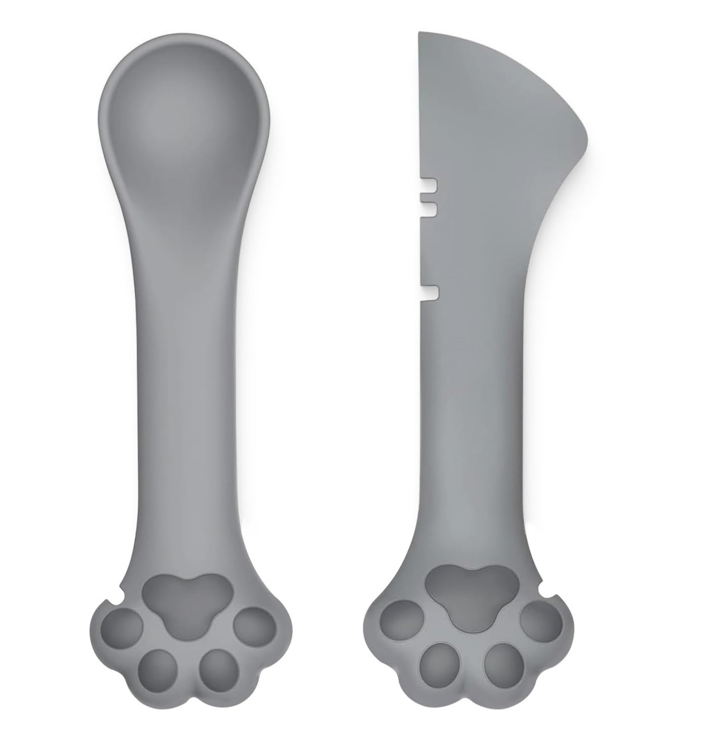 TidyNuts cat food spoon angled in grey for easy scooping of leftovers.