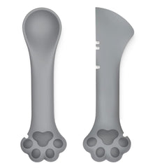 TidyNuts cat food spoon angled in grey for easy scooping of leftovers.
