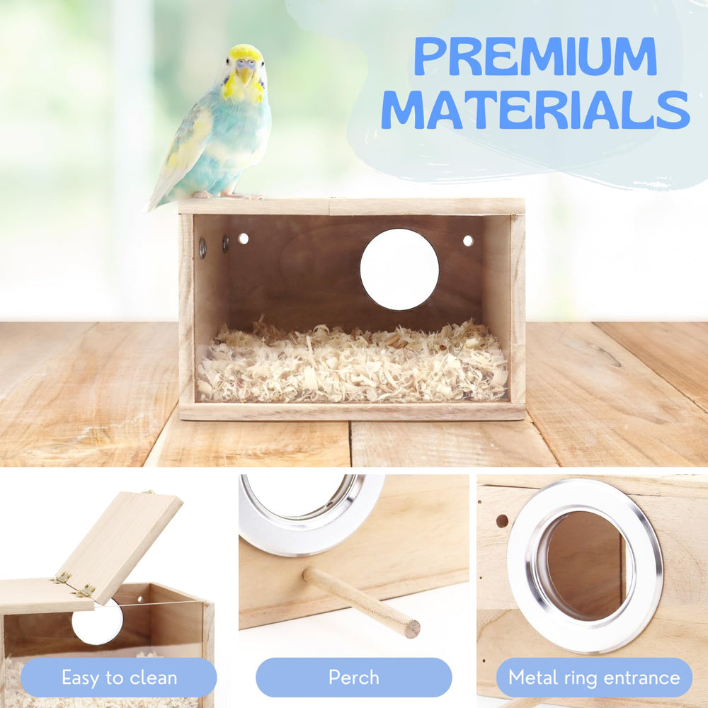 Tierecare parakeet nesting box hinged lid makes cleaning and bedding changes simple