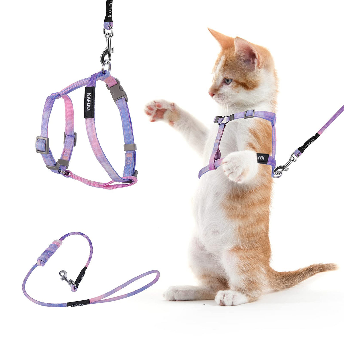 TIESOME gradient purple cat harness on cat for secure outdoor walking.