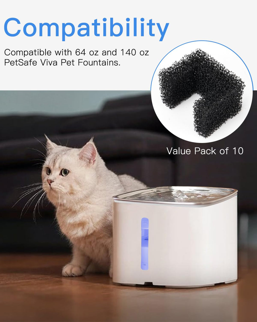 Tiga foam filter replacement for Viva Cat Water Fountain demonstrates easy swap.