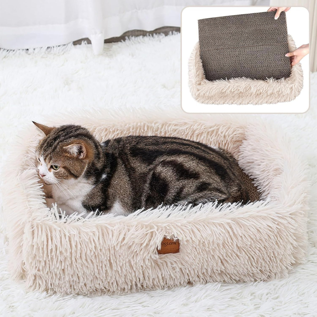 TIGOADT Fluffy Cat Scratcher Lounge Box beige with durable cardboard for lasting scratching.