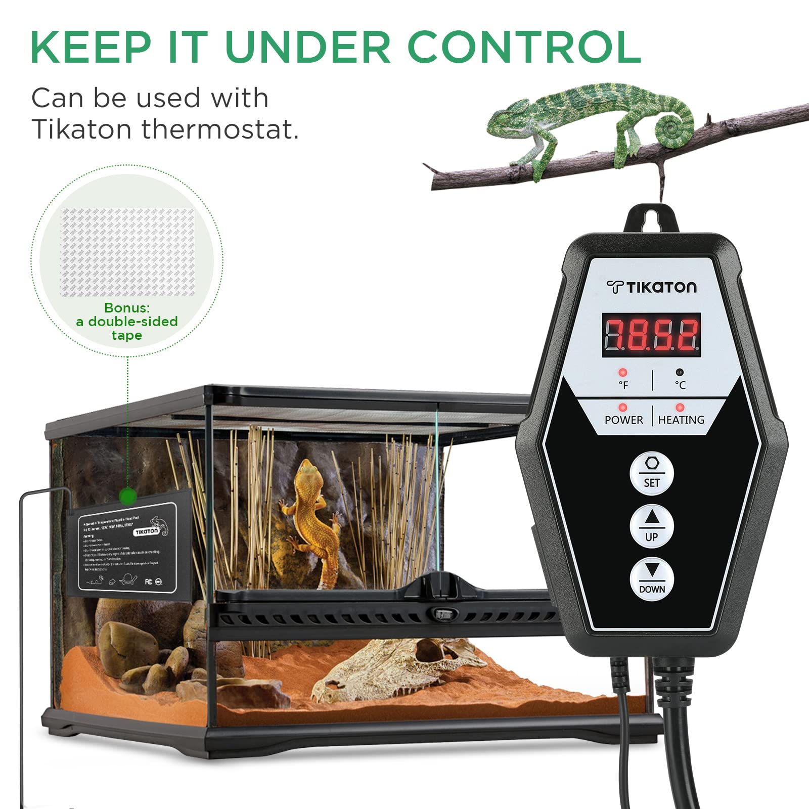 Tikaton digital thermostat controls show simple 3 button operation and Fahrenheit Celsius switch