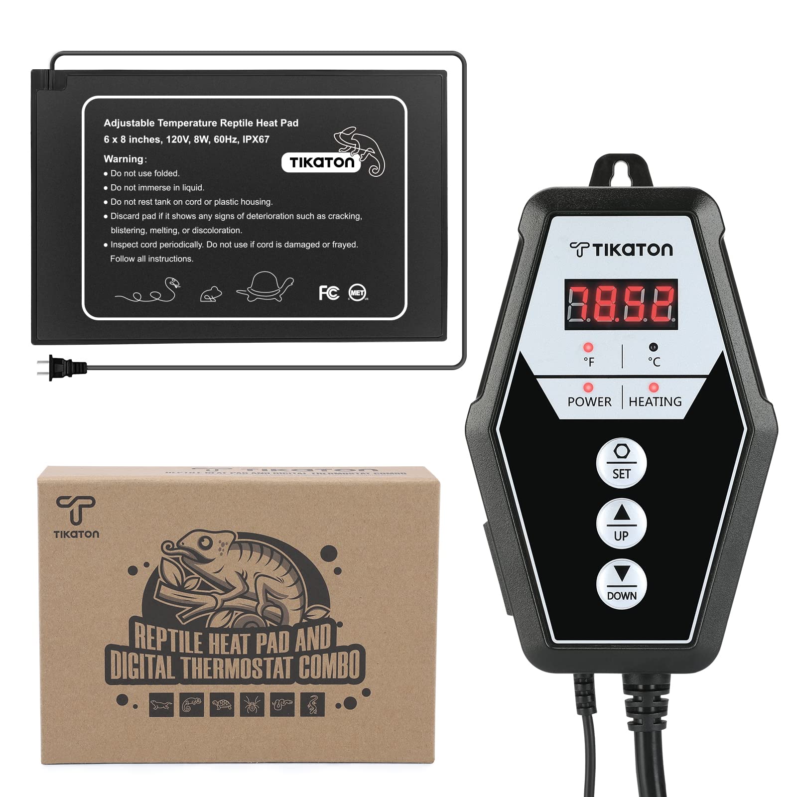 Tikaton heating pad and thermostat combo front view showing easy setup for terrariums.