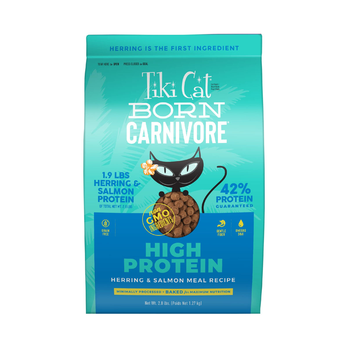 Tiki Cat Born Carnivore bag front, protein-forward dry food for adult cats.