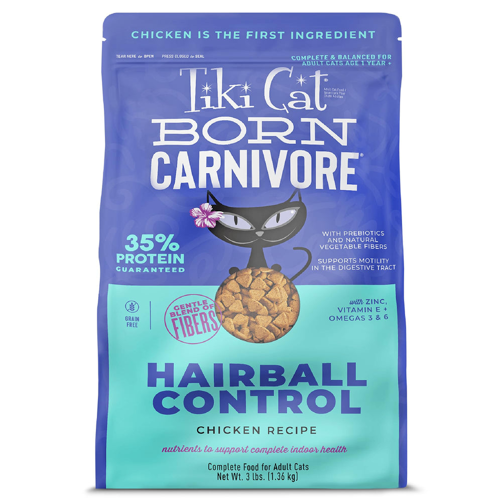 Tiki Cat Born Carnivore chicken-first-ingredient close-up highlights premium protein for lean muscles.