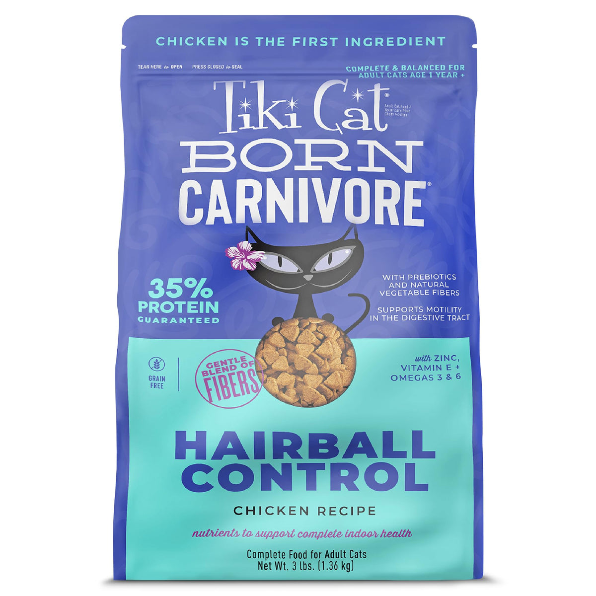 Tiki Cat Born Carnivore chicken-first-ingredient close-up highlights premium protein for lean muscles.