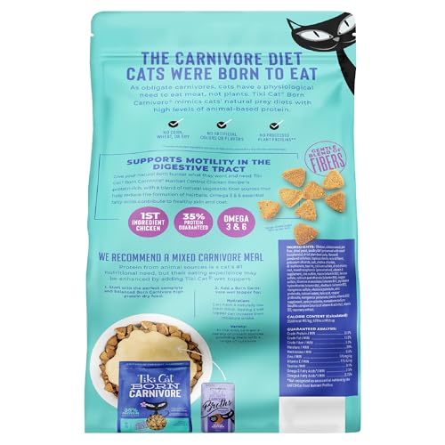 Tiki Cat Born Carnivore hairball-control formula image shows fiber blend supporting grooming-friendly digestion.