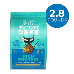 Tiki Cat Born Carnivore herring-meal close-up highlighting real fish protein.