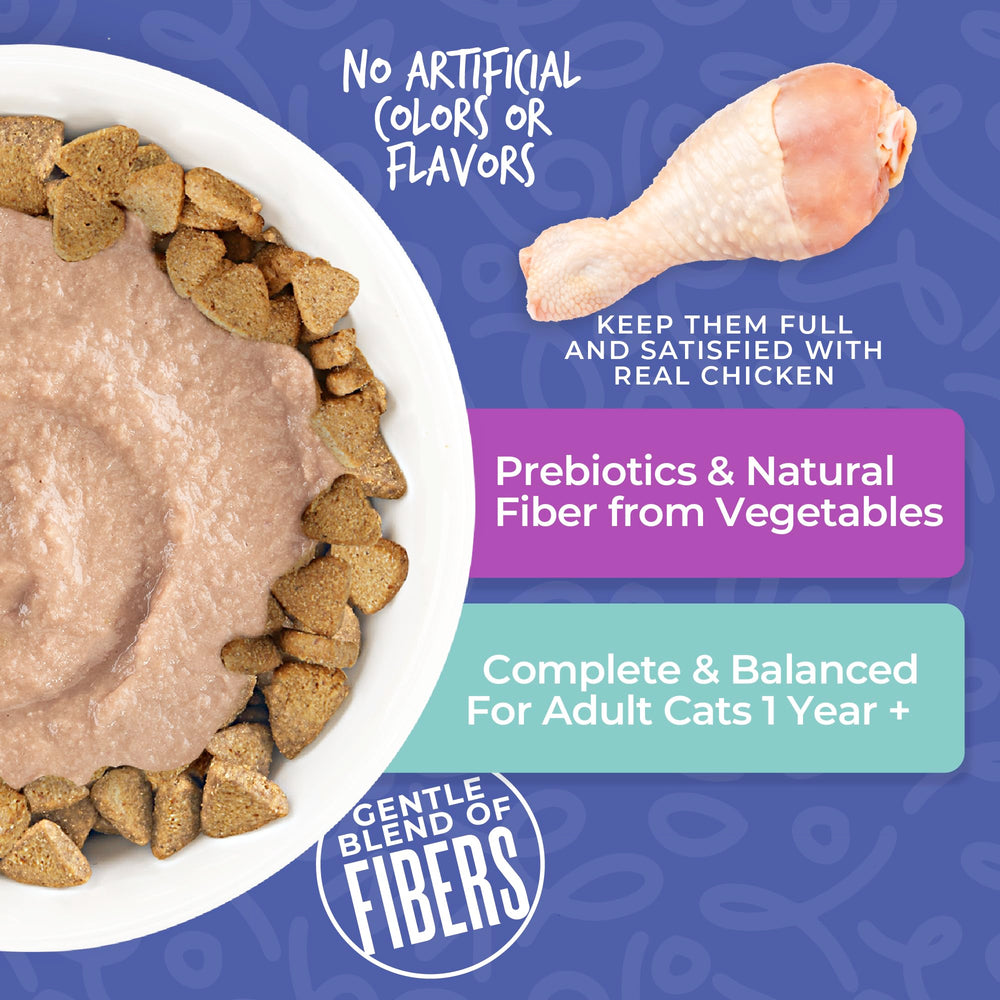Tiki Cat Born Carnivore prebiotics-fibers bowl image shows natural fiber mix aiding digestion.