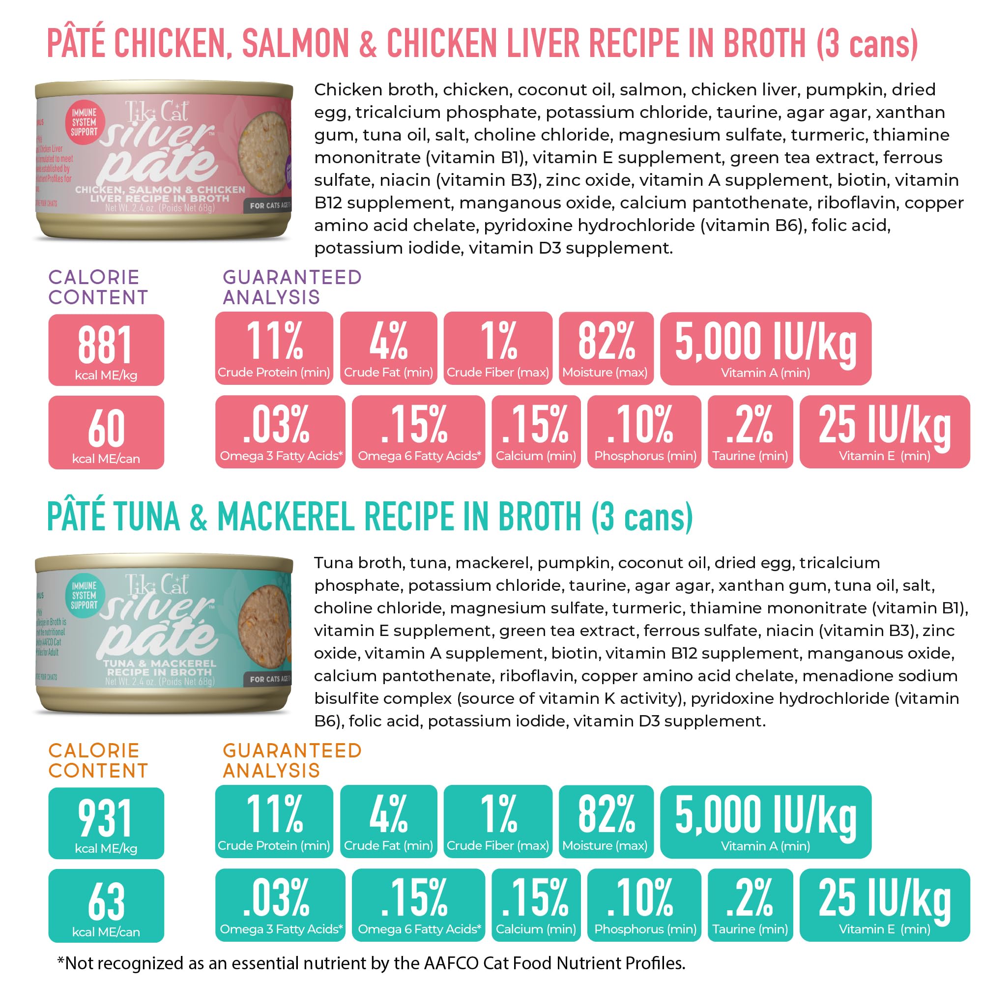 Tiki Cat Silver Pate Senior Cat Benefits depicts senior nutrition aligned with aging needs