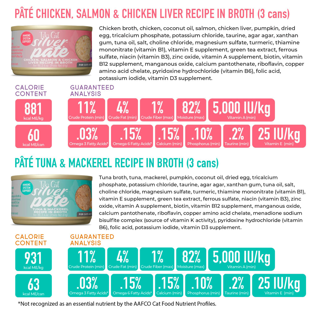 Tiki Cat Silver Pate Senior Cat Benefits depicts senior nutrition aligned with aging needs