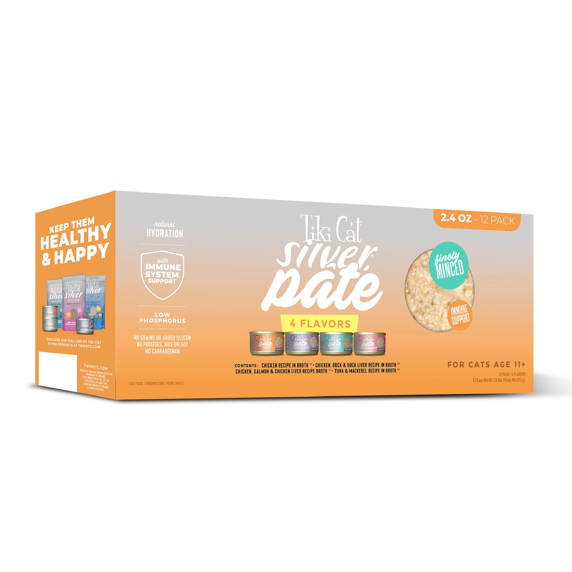 Tiki Cat Silver Pate Variety Pack Box shows convenient 12-pack packaging for seniors