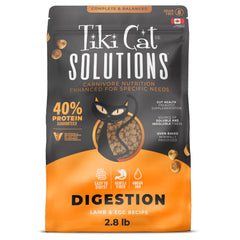 Tiki Cat Solutions Digestion Lamb Egg Kibble Bag highlighting protein-rich nutrition for easy digestion