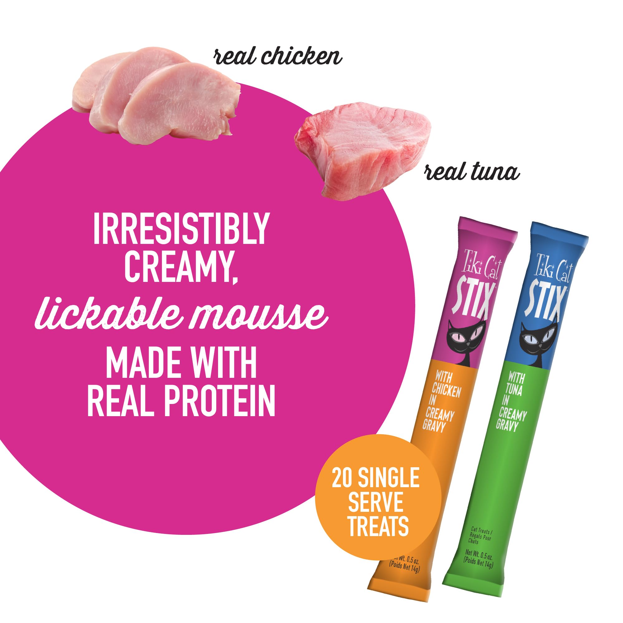 Tiki Cat Stix grain-free formula image underscores natural protein choice for cats.