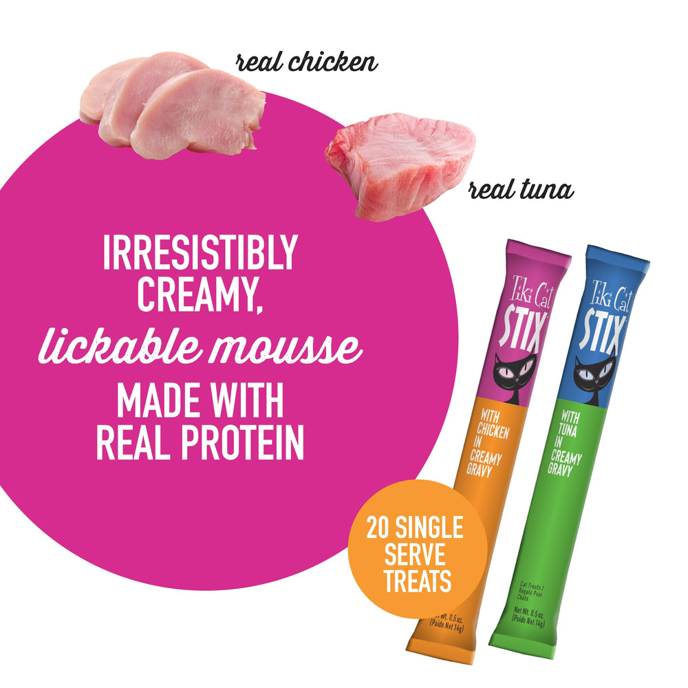 Tiki Cat Stix grain-free formula image underscores natural protein choice for cats.
