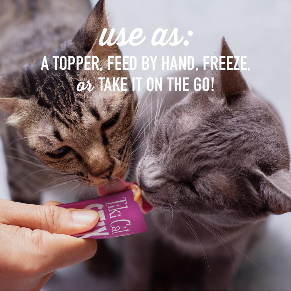 Tiki Cat Stix real-chicken formula highlighted; real protein for meaty taste.