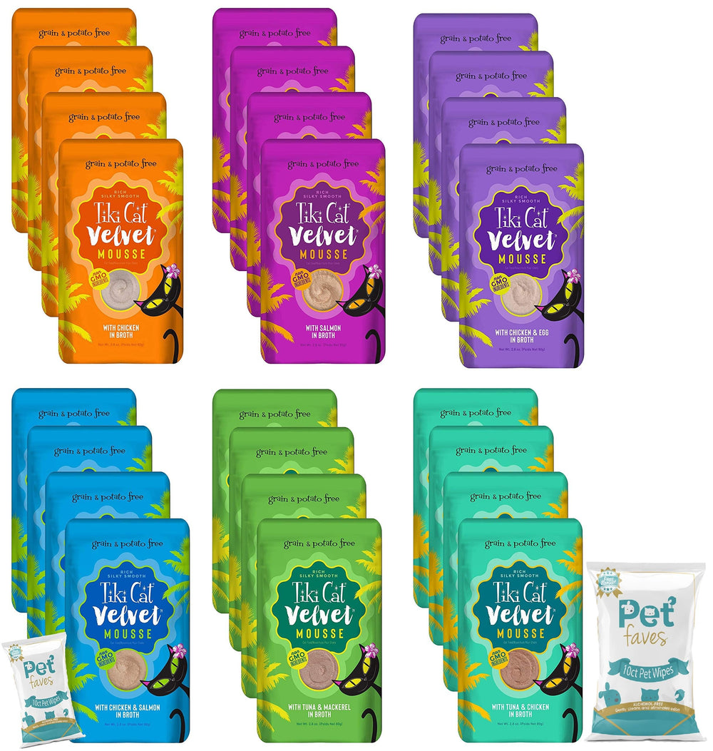 Pet Faves tiki-cat velvet mousse packaging shows grain-free wet food for easy serving