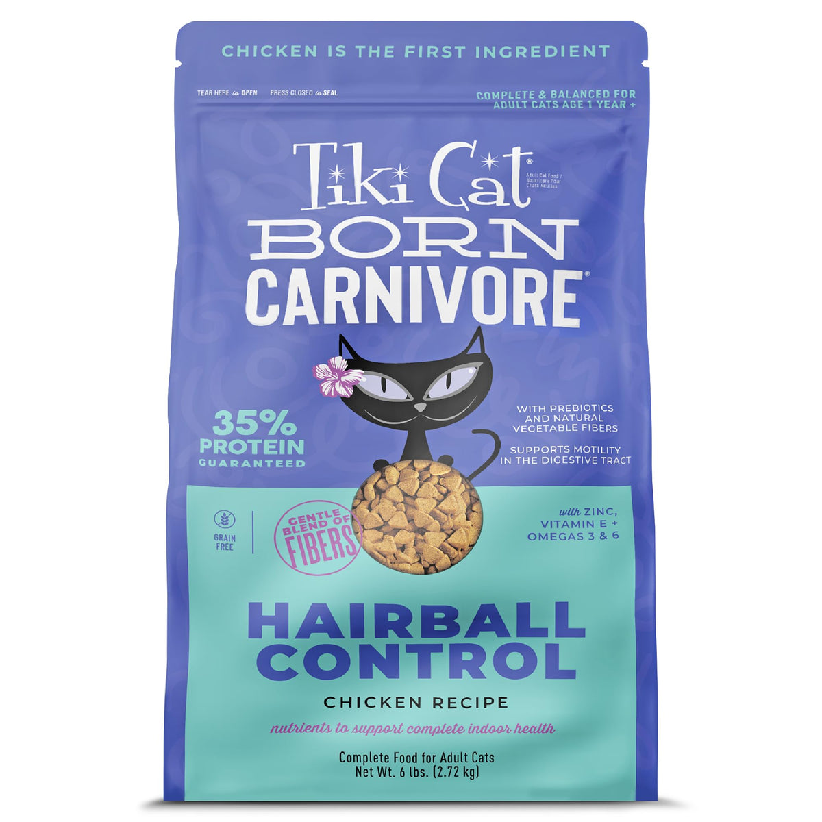 Tiki Pets Born Carnivore dry cat food chicken 6lbs bag — protein-rich nutrition for adult cats.