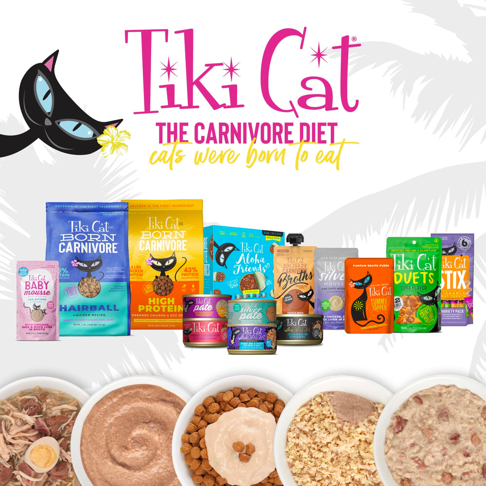 Tiki Cat After Dark Shreds packaging highlights grain-free, potato-free options for cats.