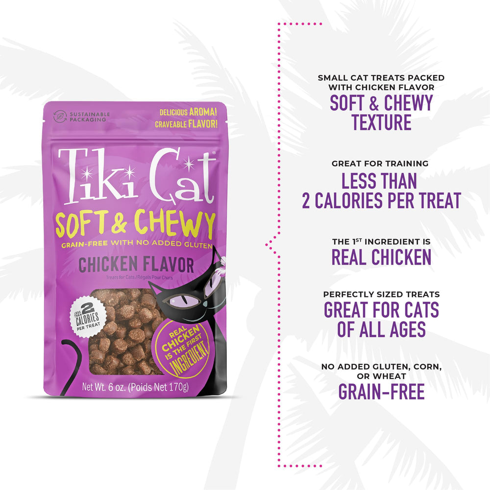 Tiki Cat Soft & Chewy chicken treats packaging showing grain-free and gluten-free attributes