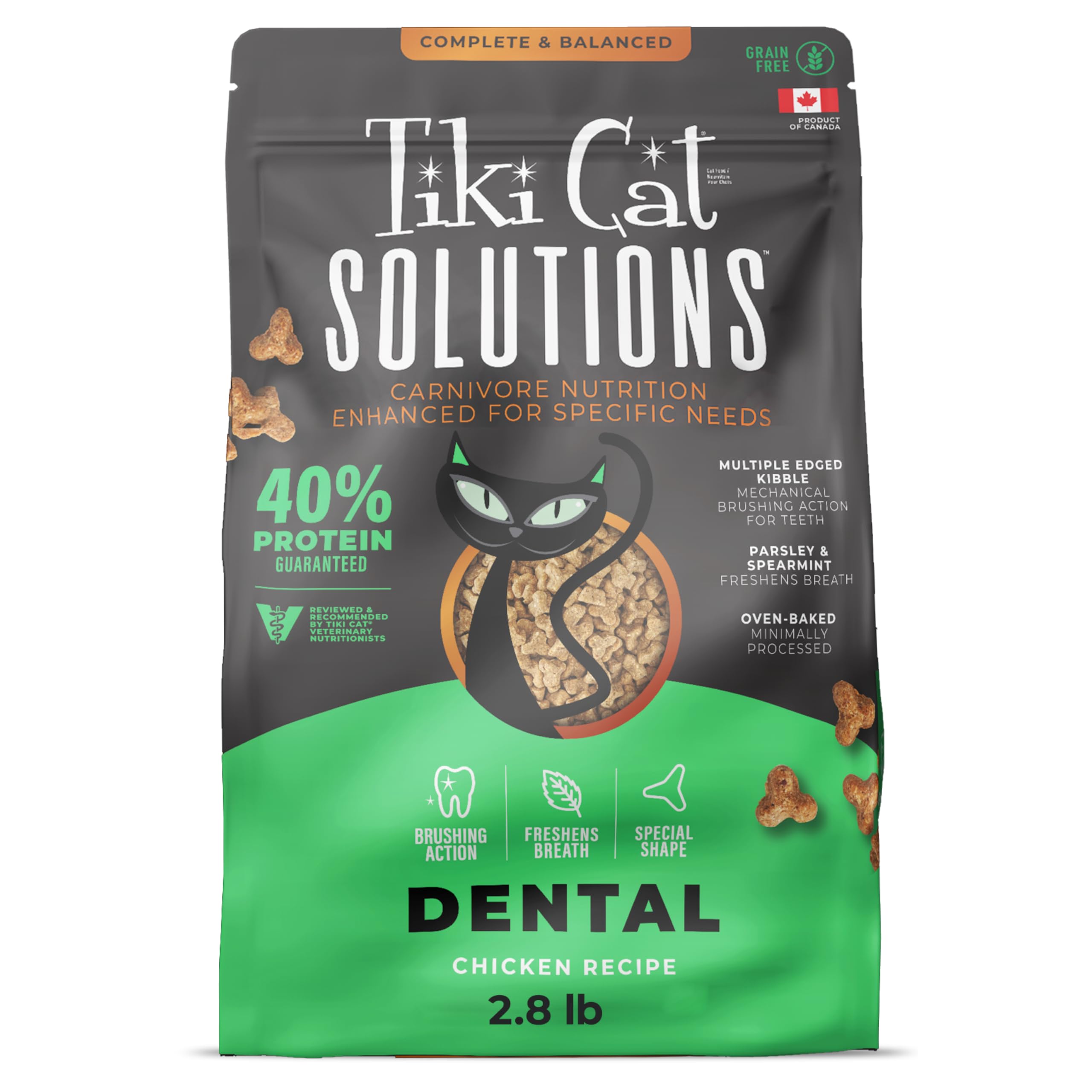 Tiki Cat Solutions dental dry cat food bag showcases protein-rich nutrition that supports daily dental care.