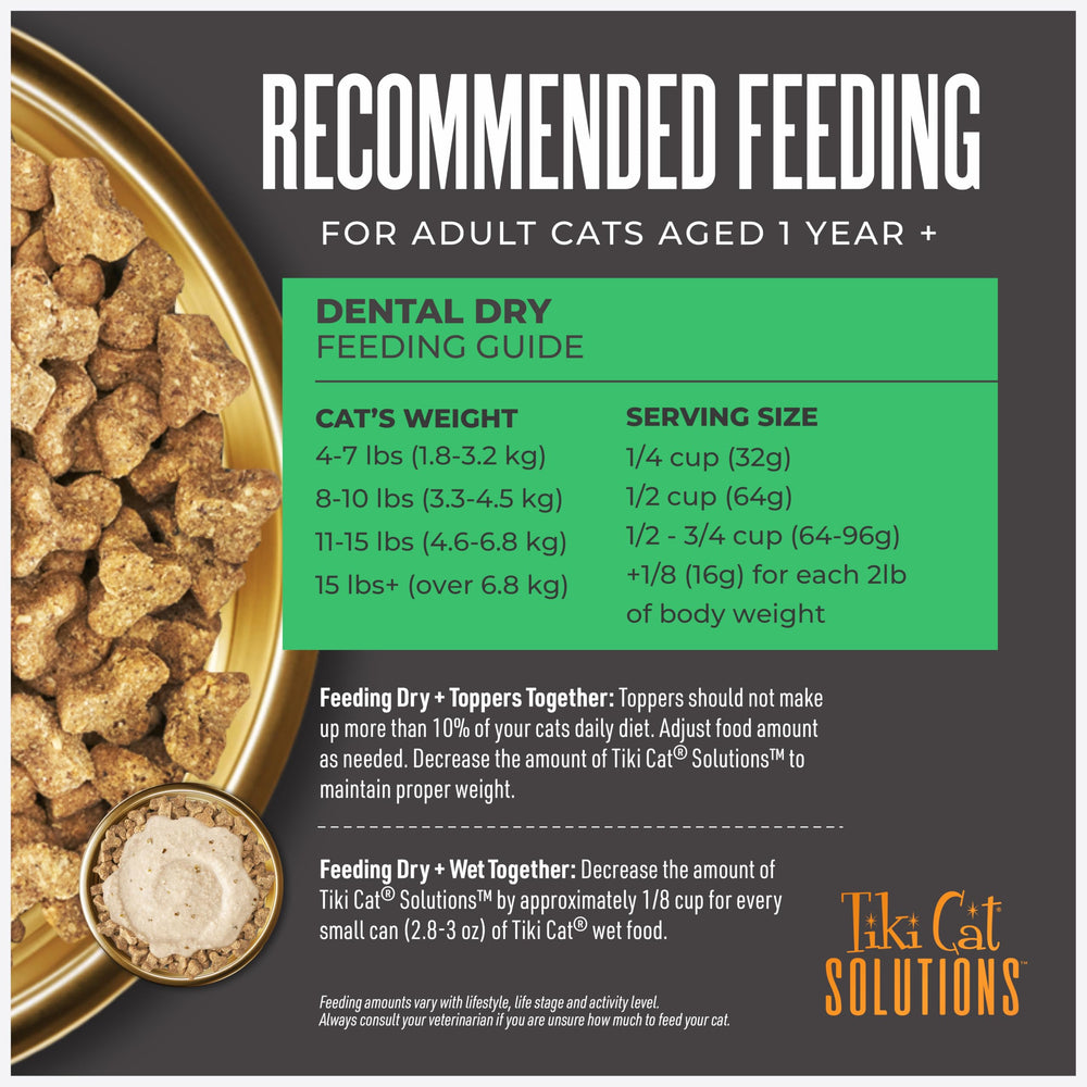 Tiki Cat Solutions grain-free ingredient closeup suggests potato-free formula for sensitive tummies.