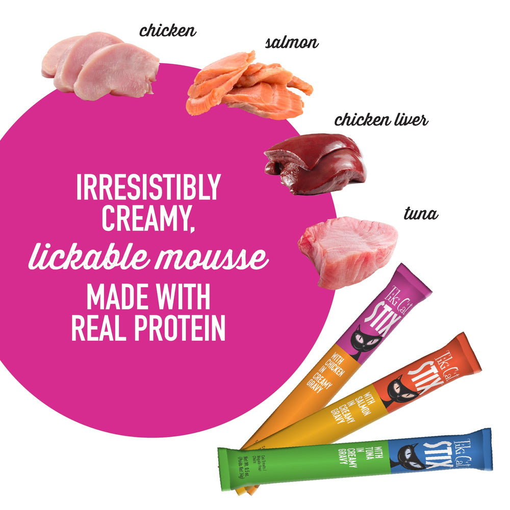 TIKI PETS Stix Mousse Treats used as a topper on dry cat food.