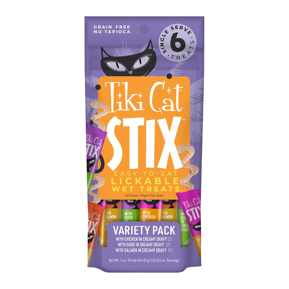 Tiki Cat Stix Variety Pack in creamy gravy offers variety for picky eaters.
