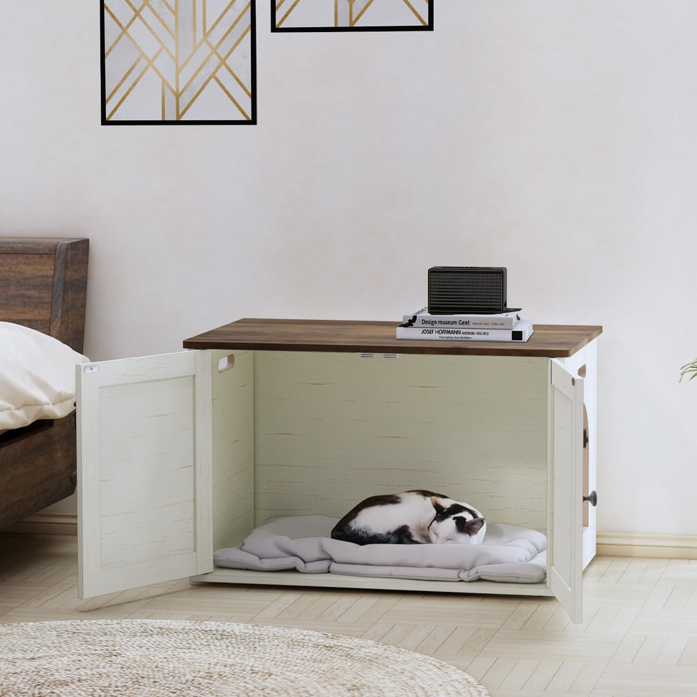 Timberer cat litter box enclosure base pads illustrate floor protection.