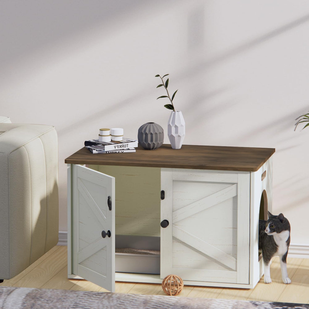 Timberer cat litter box enclosure wood grain detail conveys rustic style.