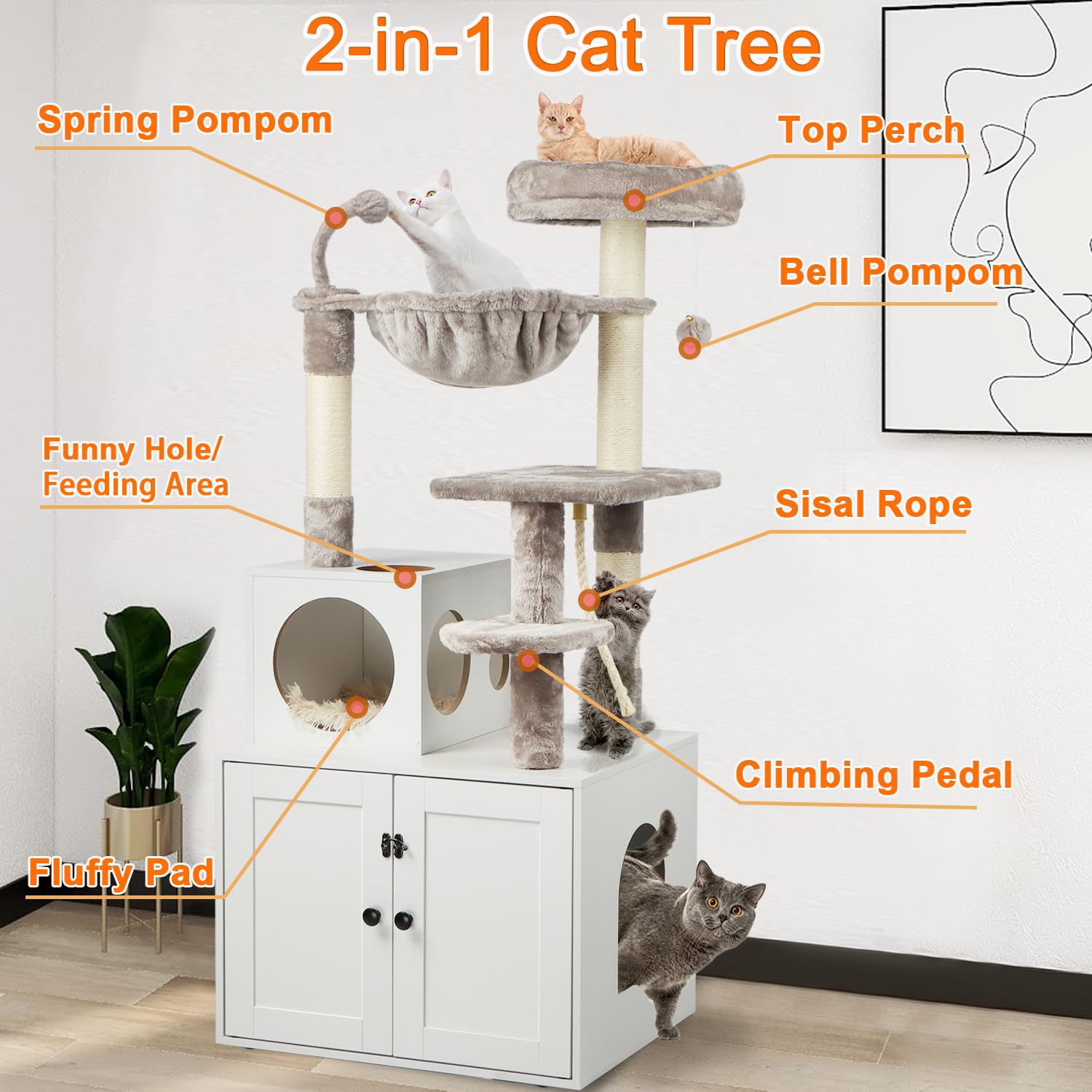 Timberer cat tree hammock and pompoms highlighting cozy resting spots for multi-cat households