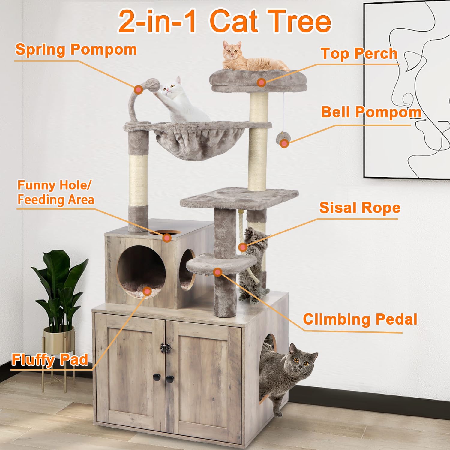 Timberer cat tree large wood condo side angle shows sturdy base for stability