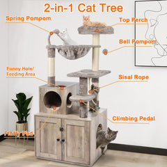Timberer cat tree large wood condo side angle shows sturdy base for stability