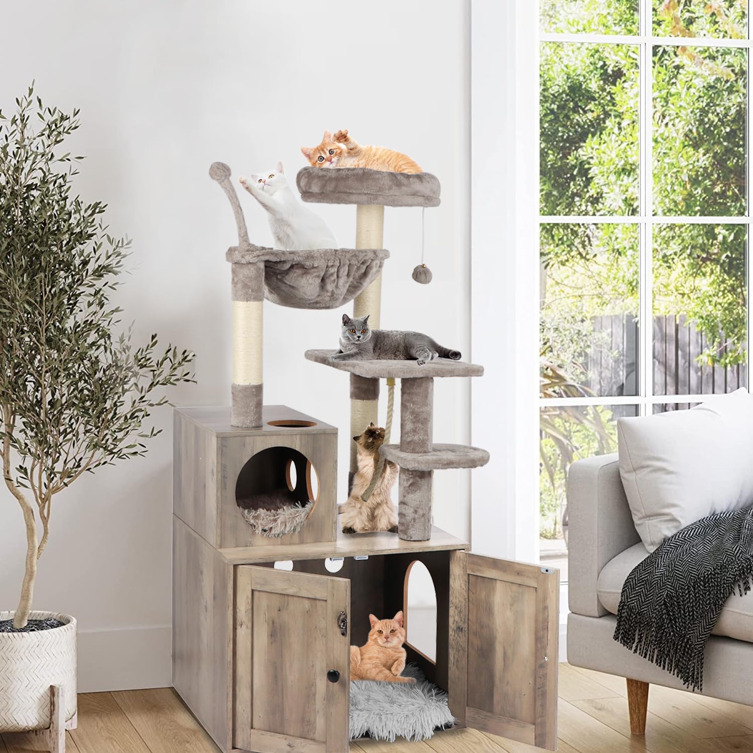 Timberer cat tree litter box enclosure open door for easy cleaning