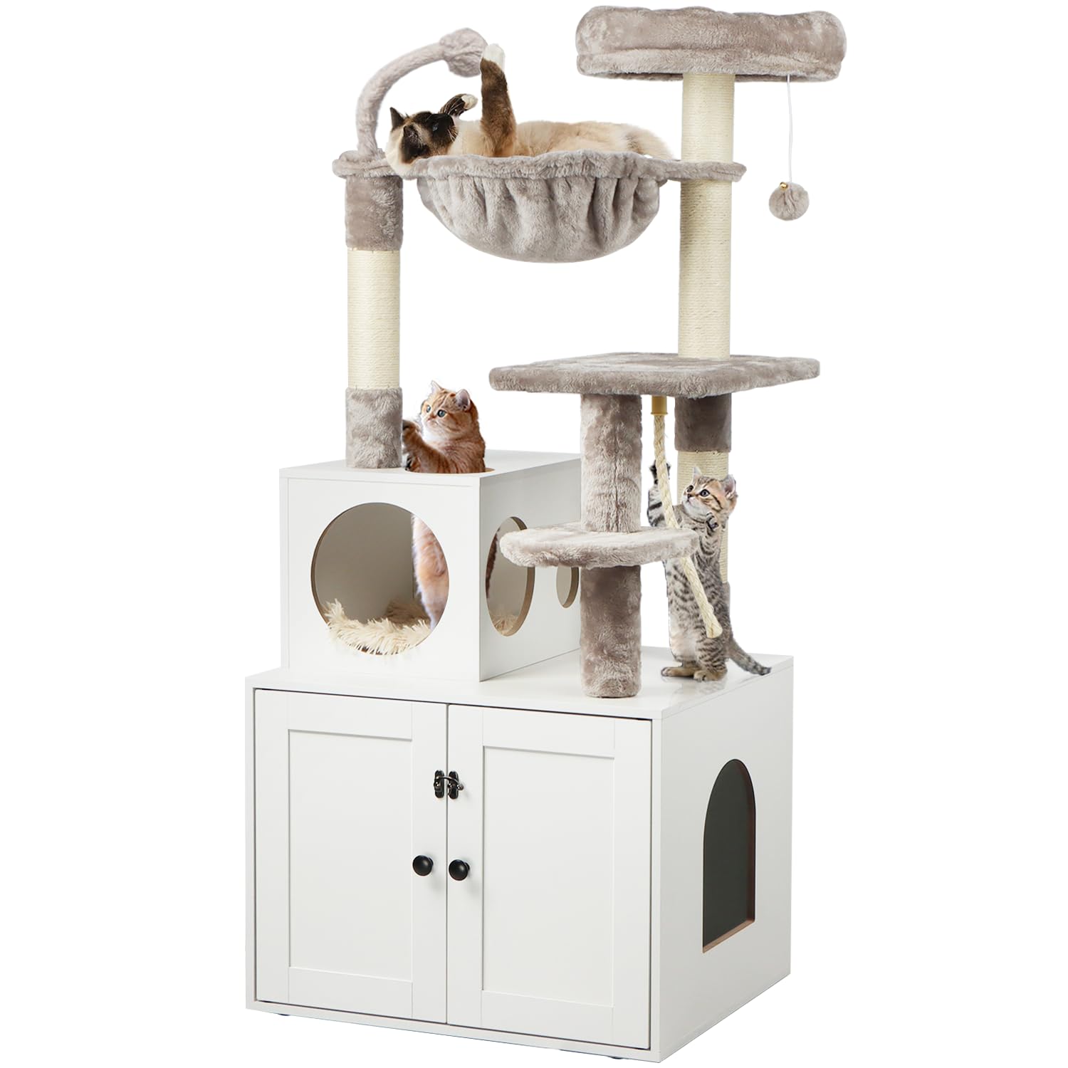 Timberer cat tree with litter box enclosure showing private potty space for discreet indoor cats