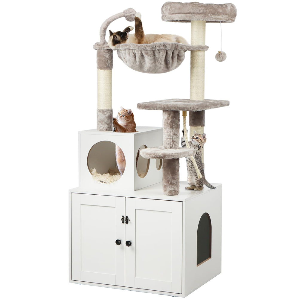 Timberer cat tree with litter box enclosure showing private potty space for discreet indoor cats