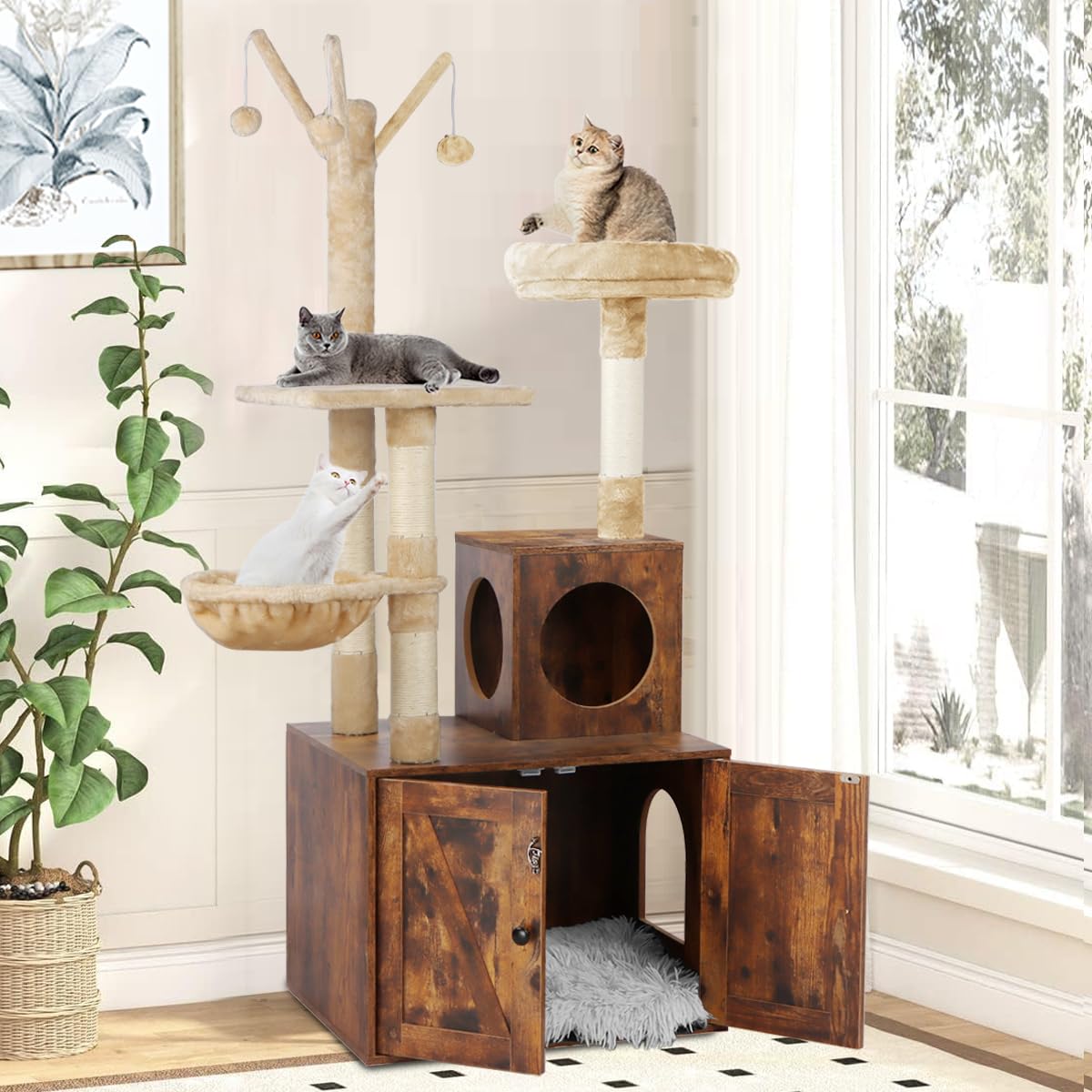 Timberer Cat Tree Tower in room setup demonstrates 2 in 1 convenience