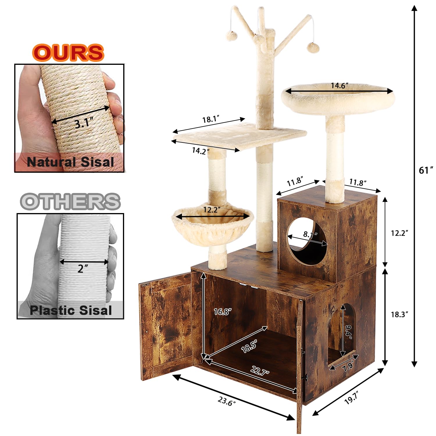 Timberer Cat Tree Tower litter box enclosure offers private easy clean space