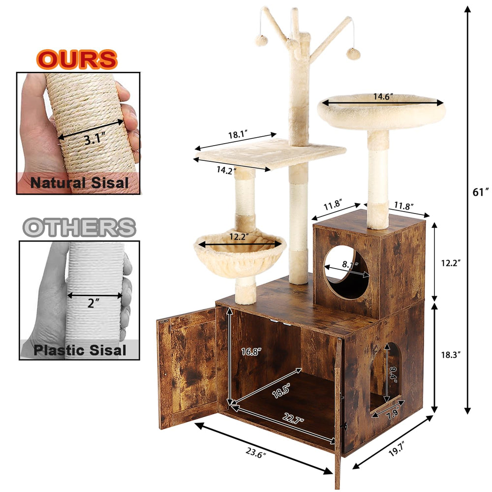 Timberer Cat Tree Tower litter box enclosure offers private easy clean space